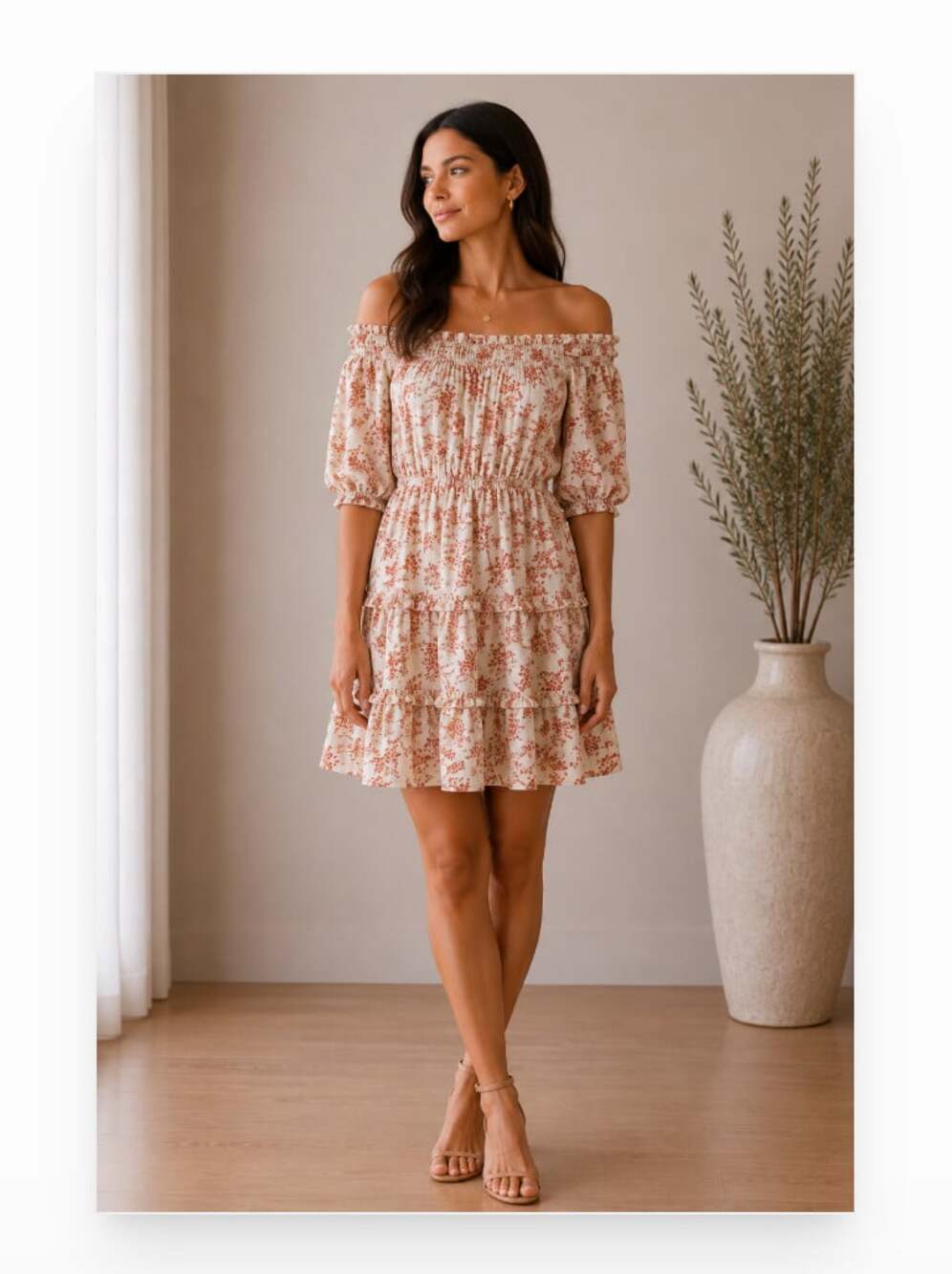 BaeVely Dress Womens Large White Floral Smocked Puff Sleeve Ruffle Mini Sundress